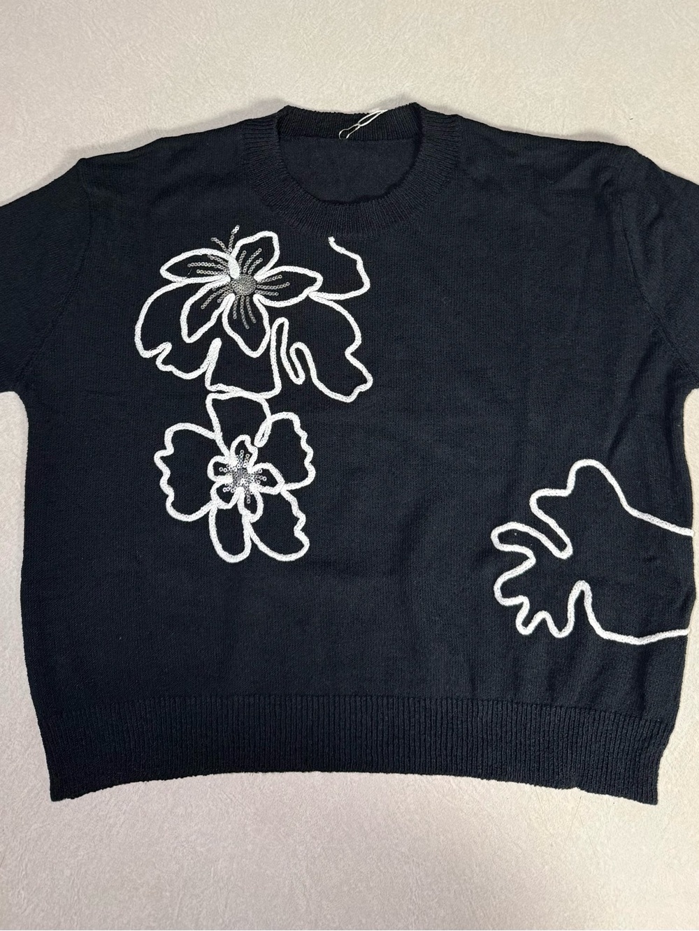 Black Floral Appliqué Crewneck Sweater